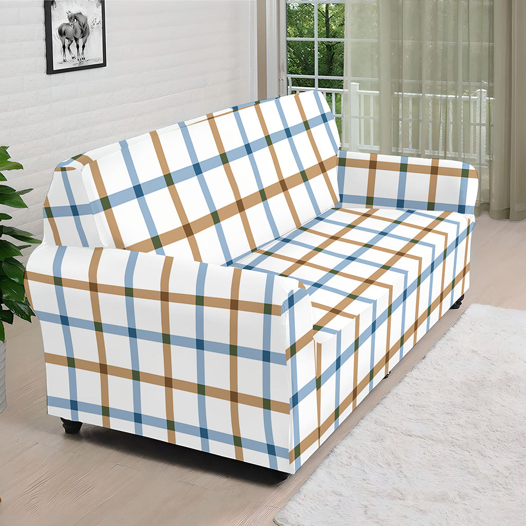Blue And Brown Tattersall Pattern Print Sofa Cover