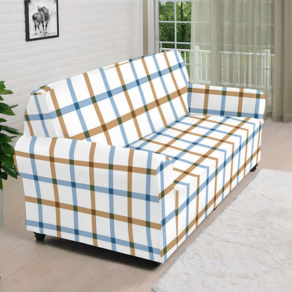 Blue And Brown Tattersall Pattern Print Sofa Cover