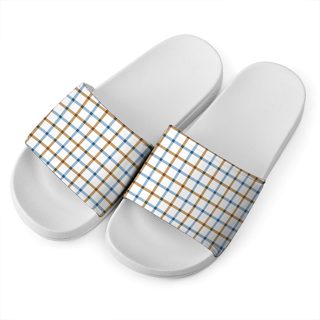Blue And Brown Tattersall Pattern Print White Slide Sandals