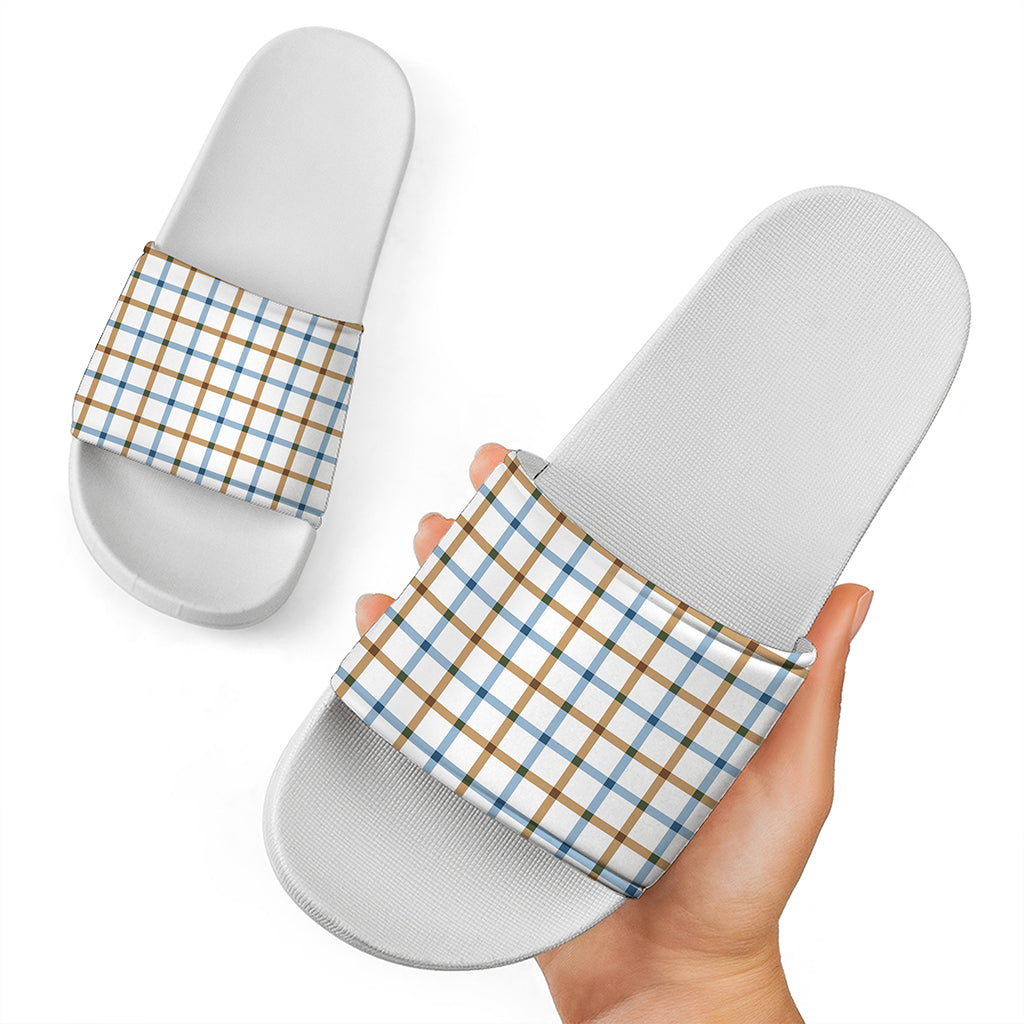 Blue And Brown Tattersall Pattern Print White Slide Sandals