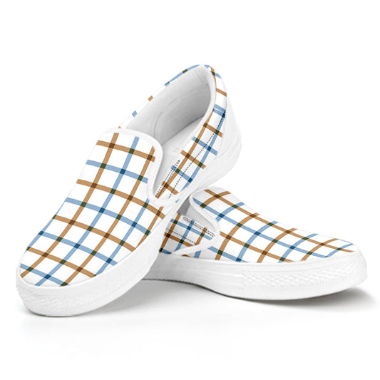 Blue And Brown Tattersall Pattern Print White Slip On Shoes