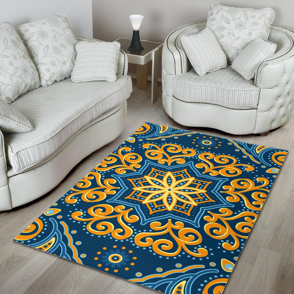 Blue And Gold Bohemian Mandala Print Area Rug GearFrost