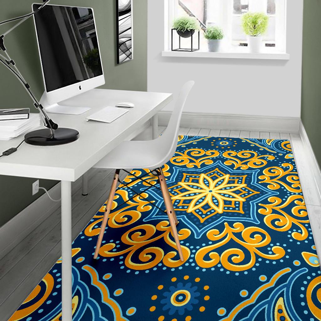 Blue And Gold Bohemian Mandala Print Area Rug GearFrost