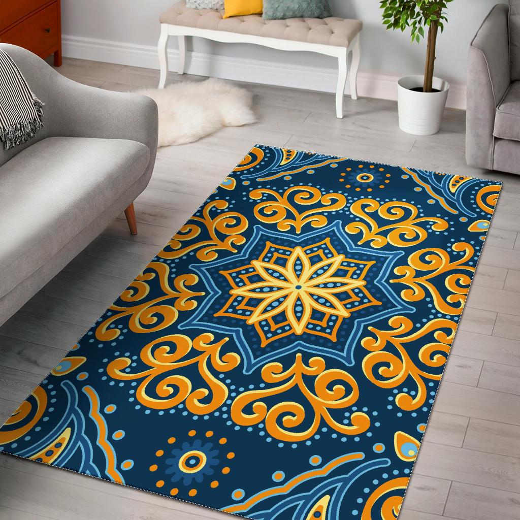 Blue And Gold Bohemian Mandala Print Area Rug GearFrost