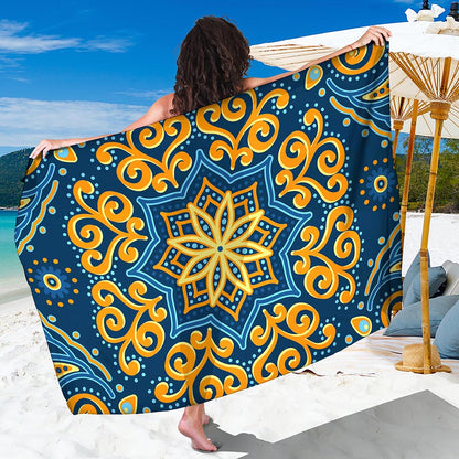 Blue And Gold Bohemian Mandala Print Beach Sarong Wrap