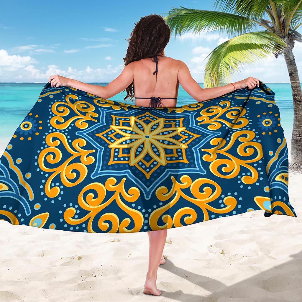 Blue And Gold Bohemian Mandala Print Beach Sarong Wrap