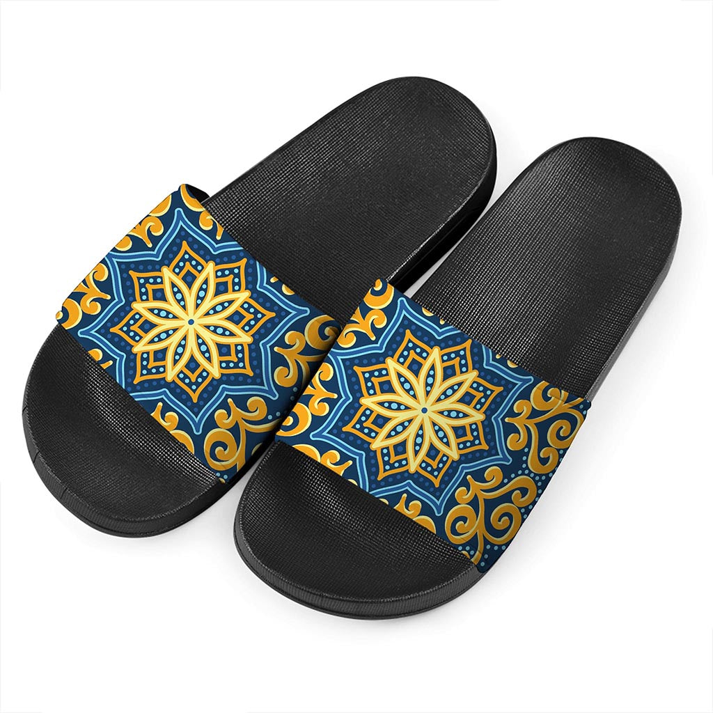 Blue And Gold Bohemian Mandala Print Black Slide Sandals