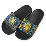 Blue And Gold Bohemian Mandala Print Black Slide Sandals