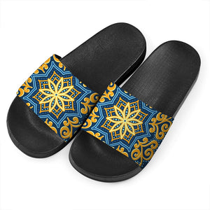 Blue And Gold Bohemian Mandala Print Black Slide Sandals