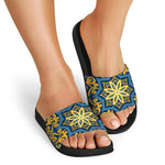 Blue And Gold Bohemian Mandala Print Black Slide Sandals