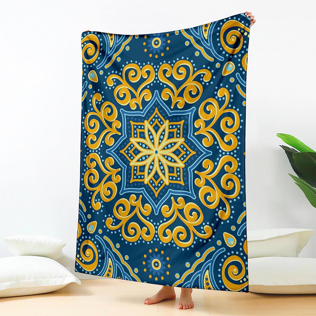 Blue And Gold Bohemian Mandala Print Blanket