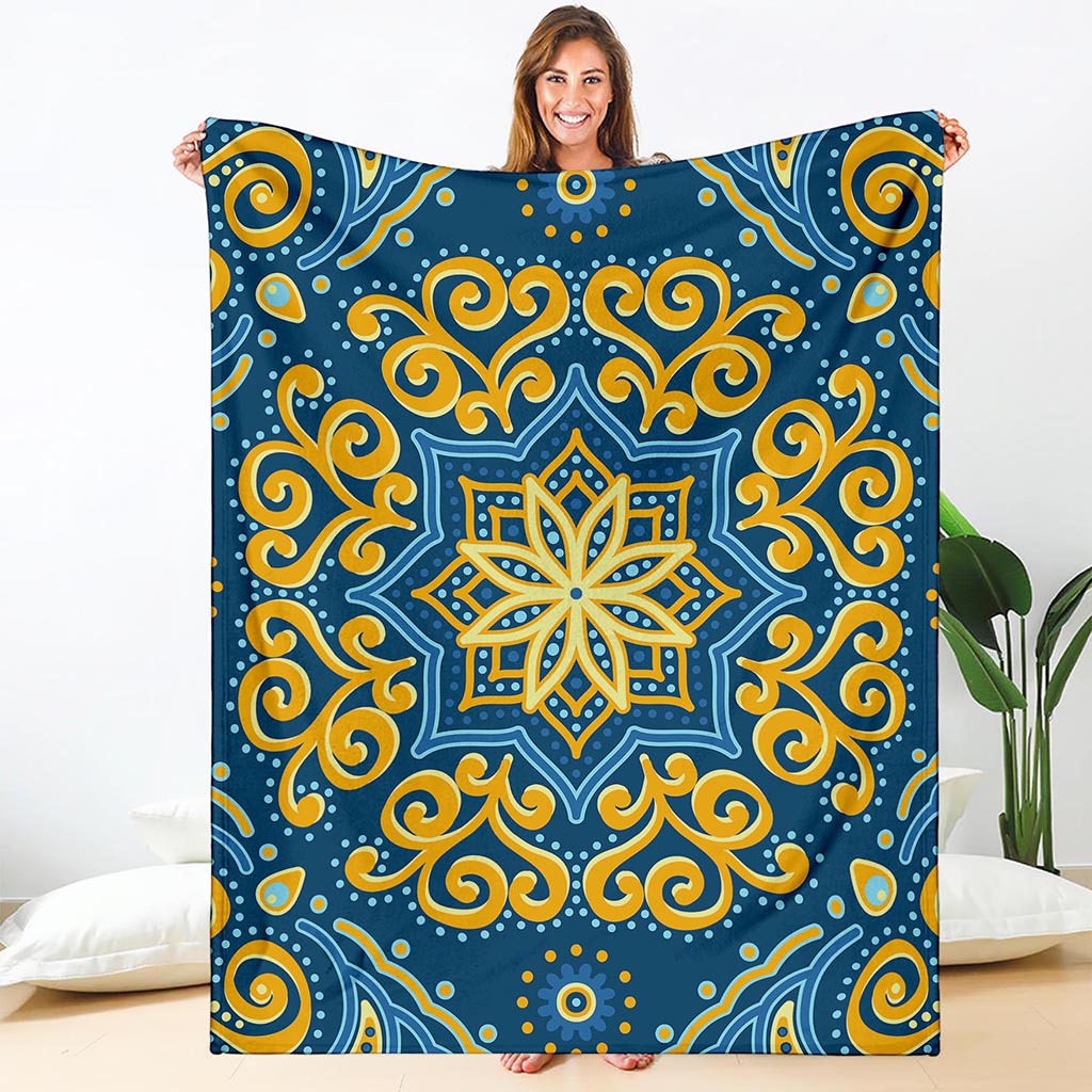 Blue And Gold Bohemian Mandala Print Blanket
