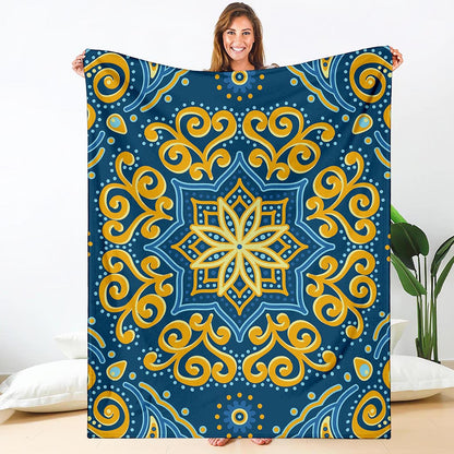 Blue And Gold Bohemian Mandala Print Blanket