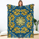 Blue And Gold Bohemian Mandala Print Blanket