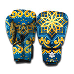 Blue And Gold Bohemian Mandala Print Boxing Gloves