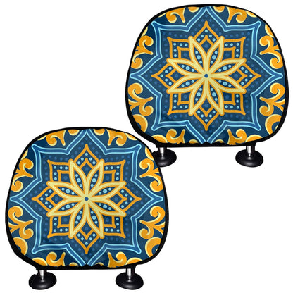 Blue And Gold Bohemian Mandala Print Car Headrest Covers