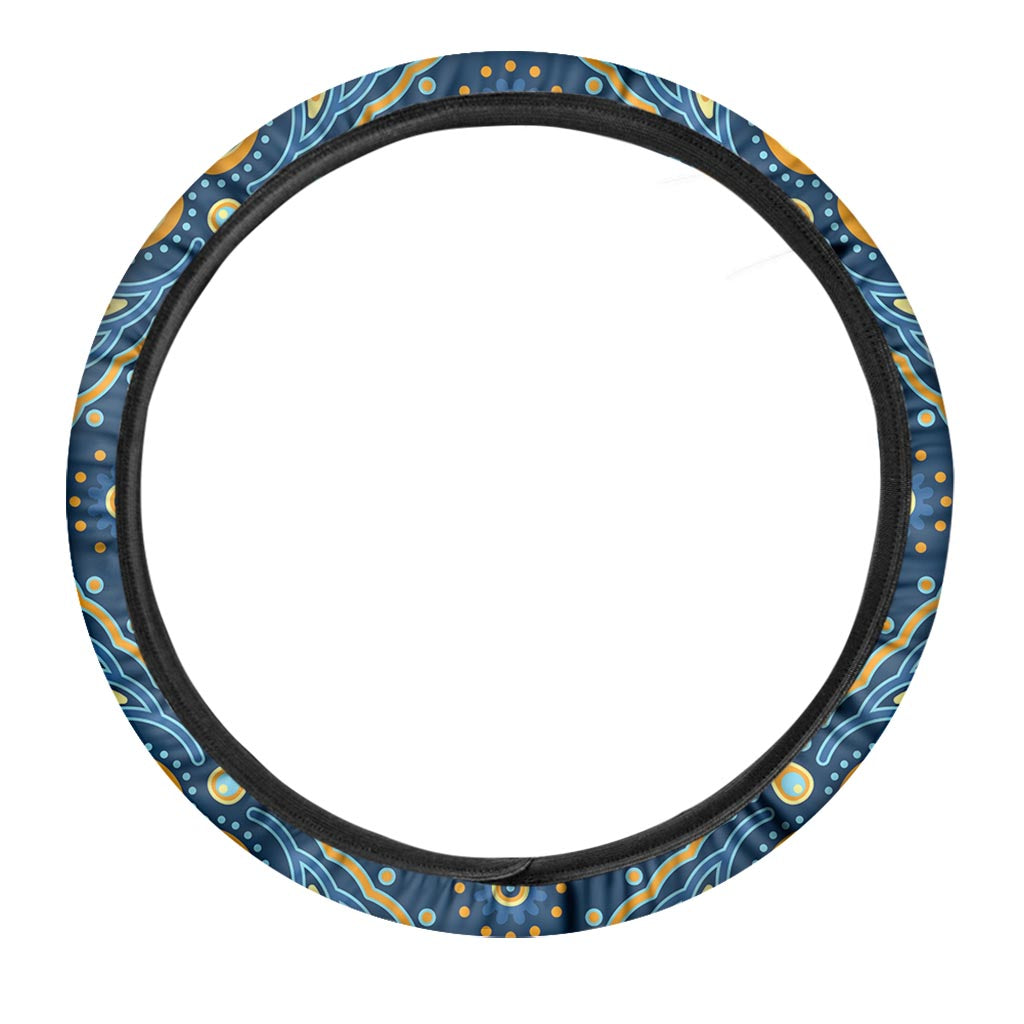 Blue And Gold Bohemian Mandala Print Car Steering Wheel Cover