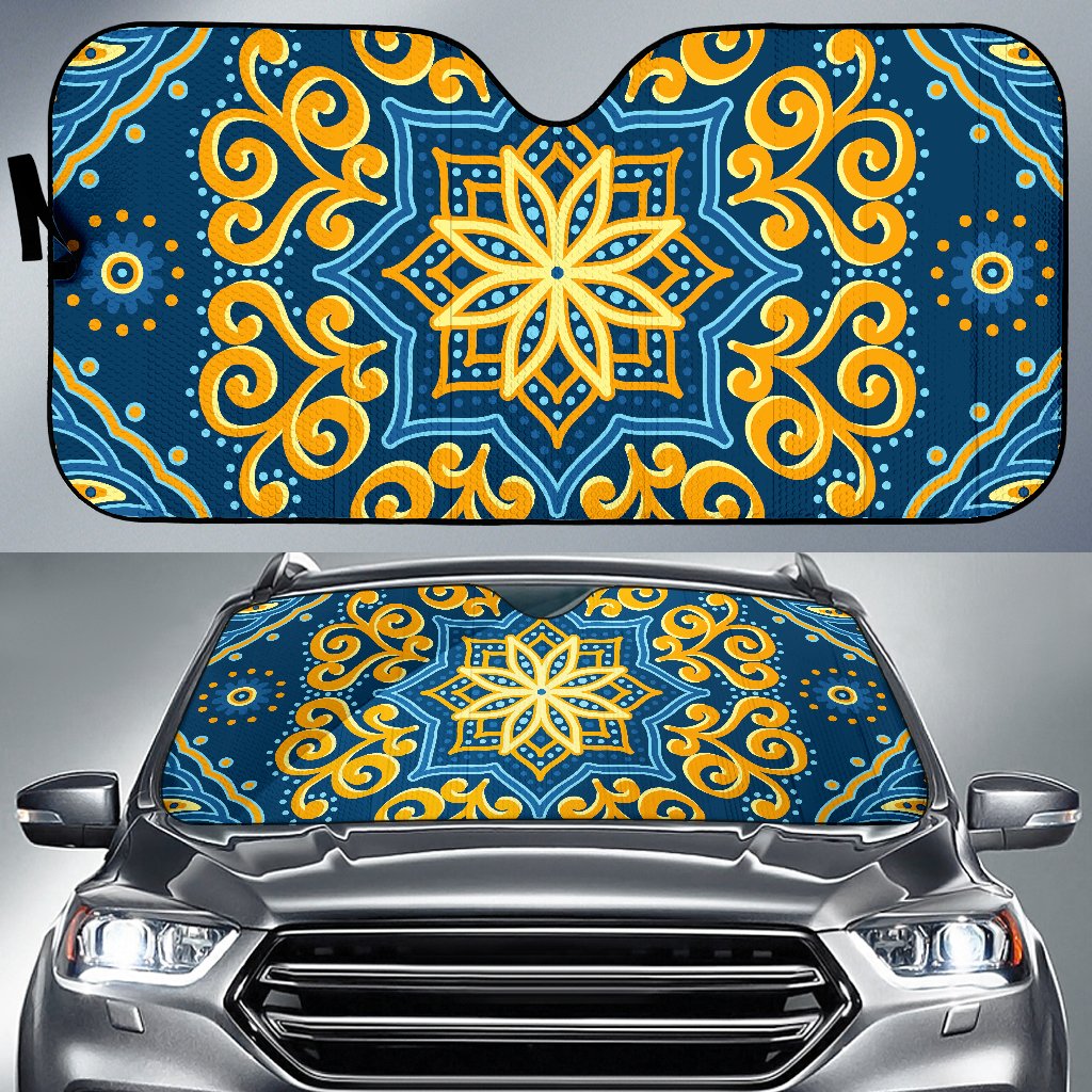 Blue And Gold Bohemian Mandala Print Car Sun Shade GearFrost