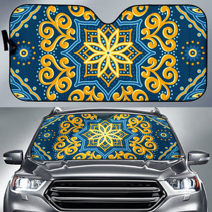 Blue And Gold Bohemian Mandala Print Car Sun Shade GearFrost