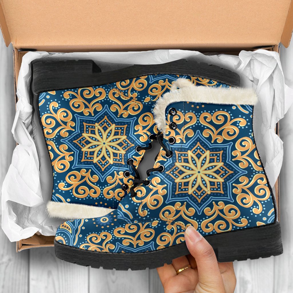 Blue And Gold Bohemian Mandala Print Comfy Boots GearFrost