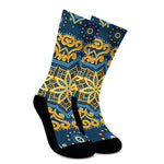 Blue And Gold Bohemian Mandala Print Crew Socks