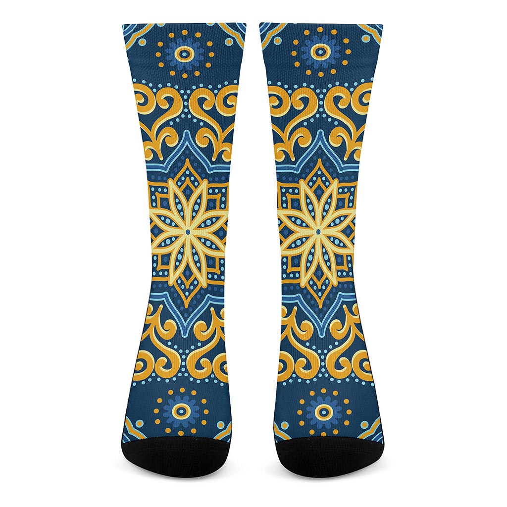 Blue And Gold Bohemian Mandala Print Crew Socks