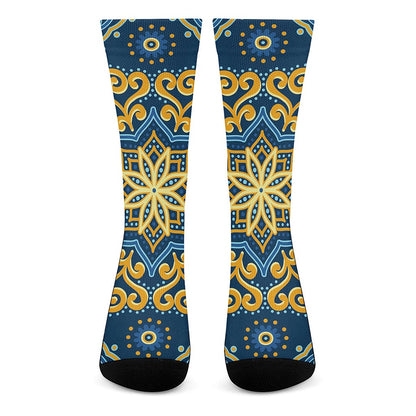 Blue And Gold Bohemian Mandala Print Crew Socks