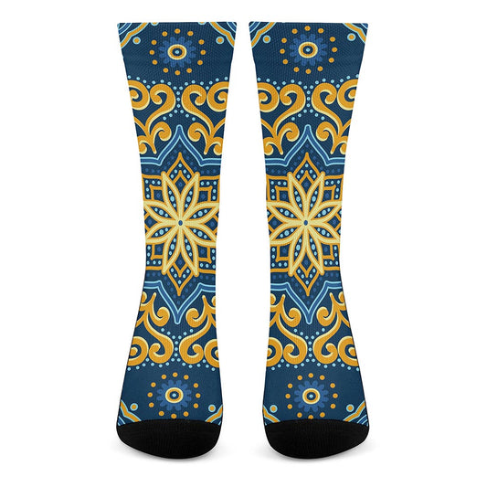 Blue And Gold Bohemian Mandala Print Crew Socks