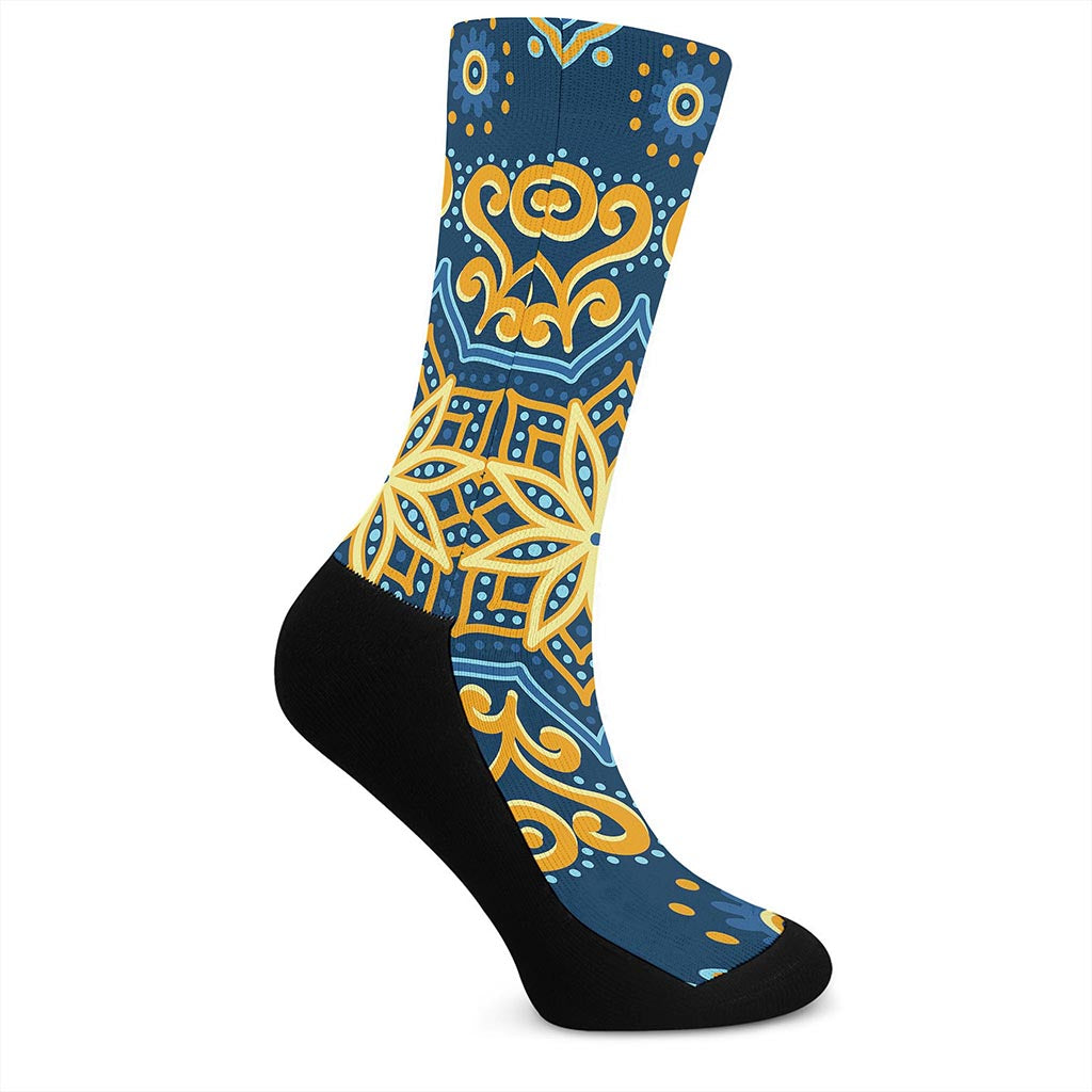 Blue And Gold Bohemian Mandala Print Crew Socks