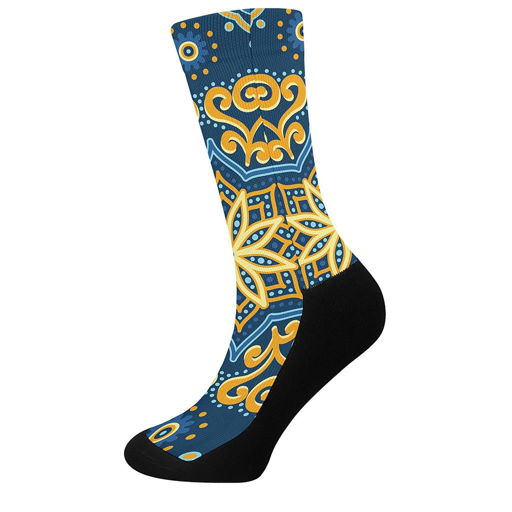 Blue And Gold Bohemian Mandala Print Crew Socks