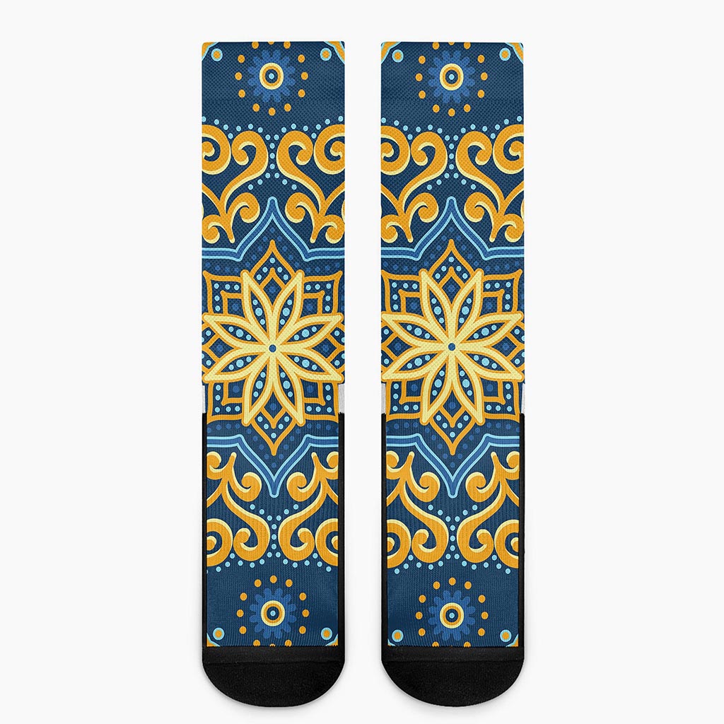 Blue And Gold Bohemian Mandala Print Crew Socks
