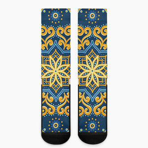Blue And Gold Bohemian Mandala Print Crew Socks