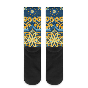 Blue And Gold Bohemian Mandala Print Crew Socks