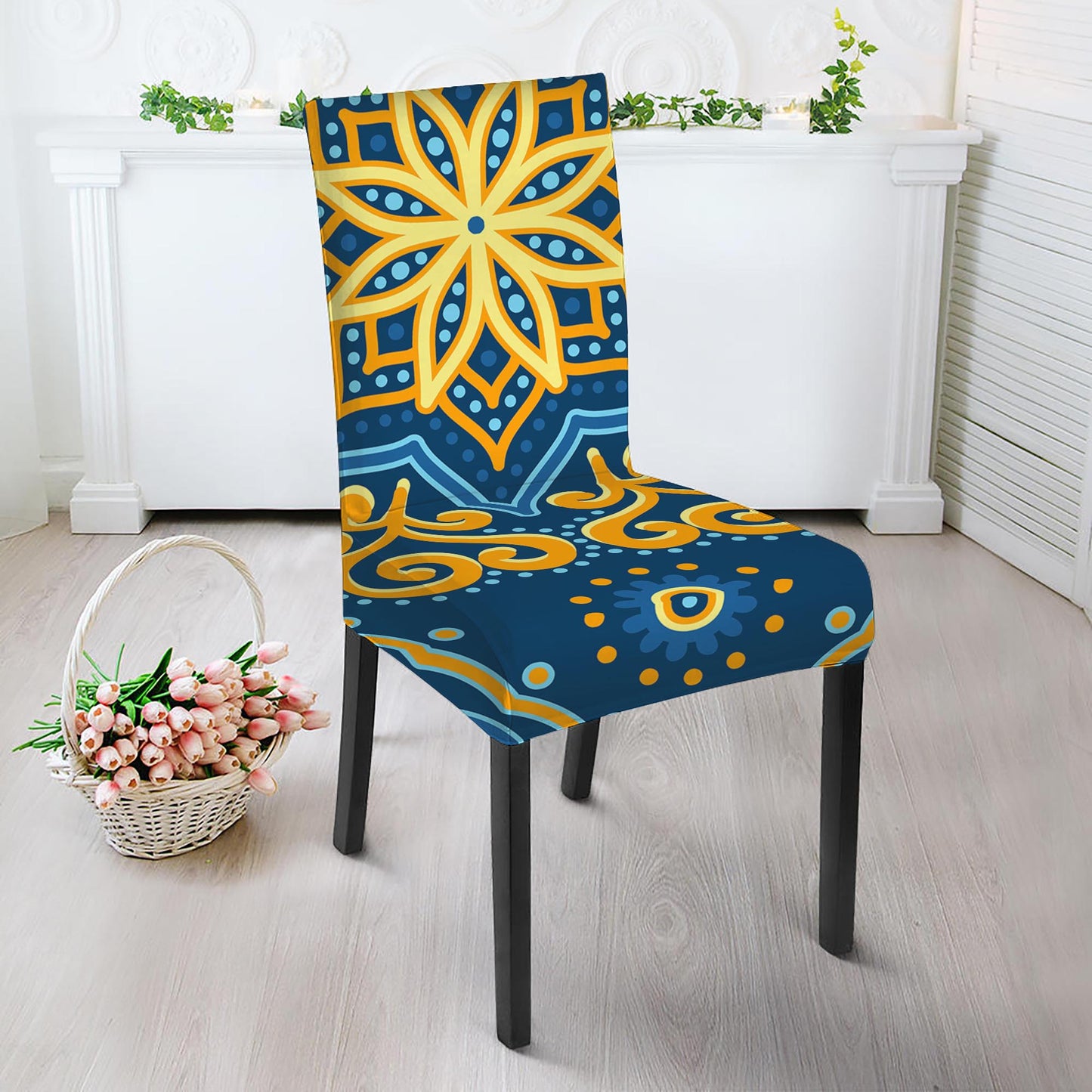 Blue And Gold Bohemian Mandala Print Dining Chair Slipcover