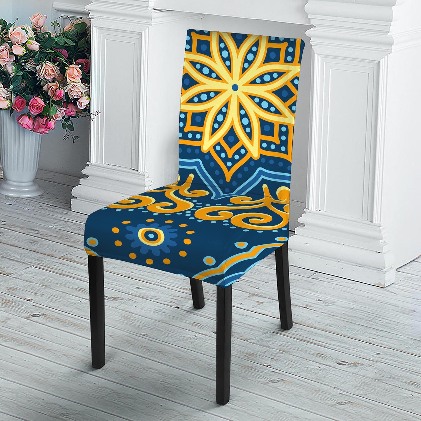 Blue And Gold Bohemian Mandala Print Dining Chair Slipcover