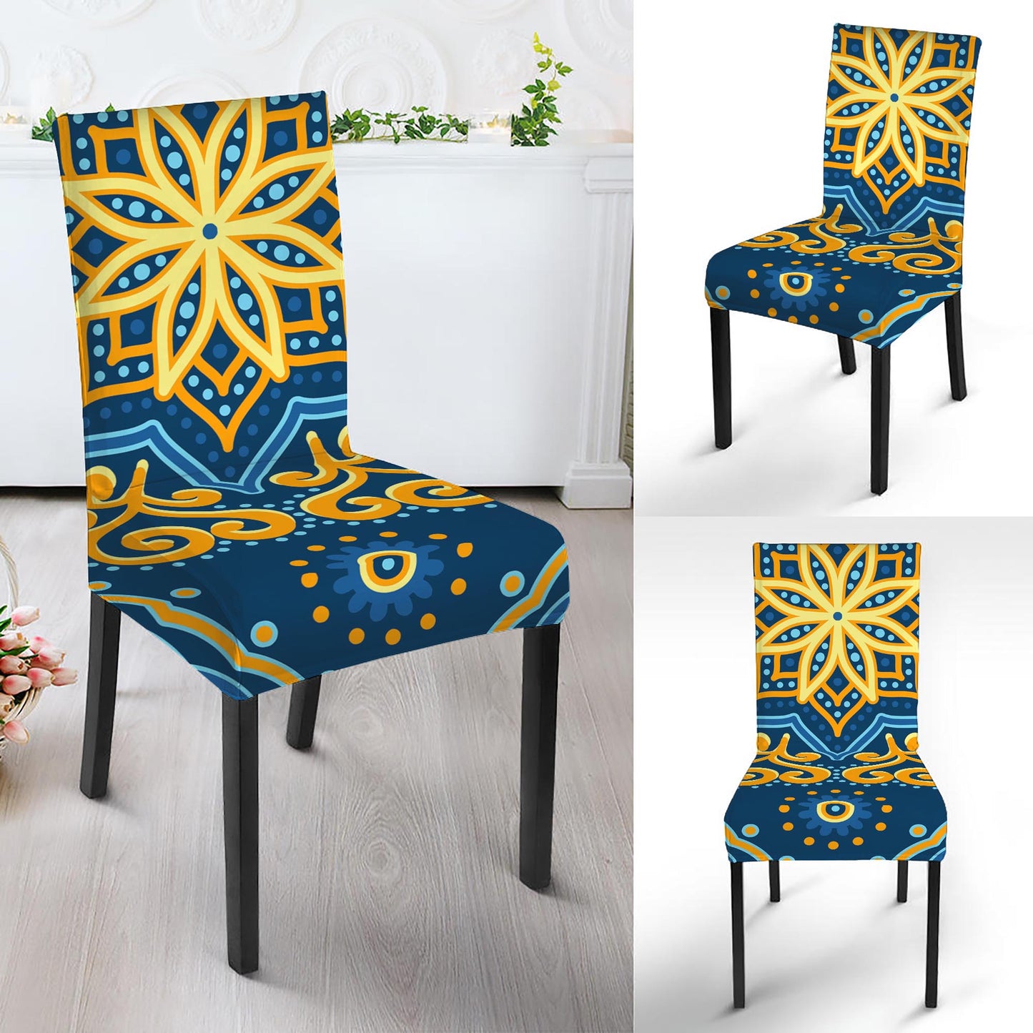 Blue And Gold Bohemian Mandala Print Dining Chair Slipcover