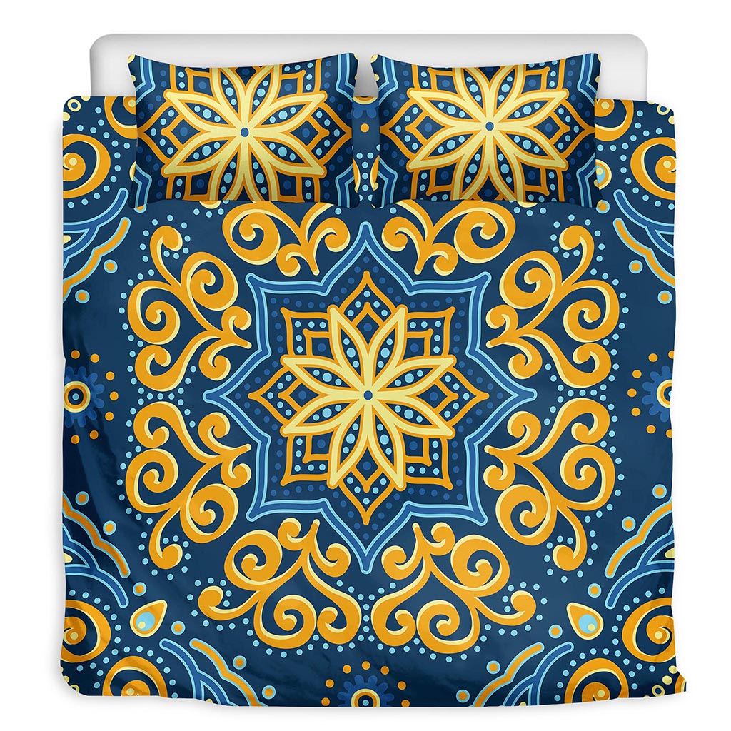 Blue And Gold Bohemian Mandala Print Duvet Cover Bedding Set