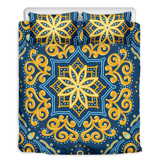 Blue And Gold Bohemian Mandala Print Duvet Cover Bedding Set