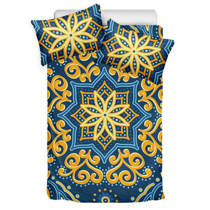 Blue And Gold Bohemian Mandala Print Duvet Cover Bedding Set