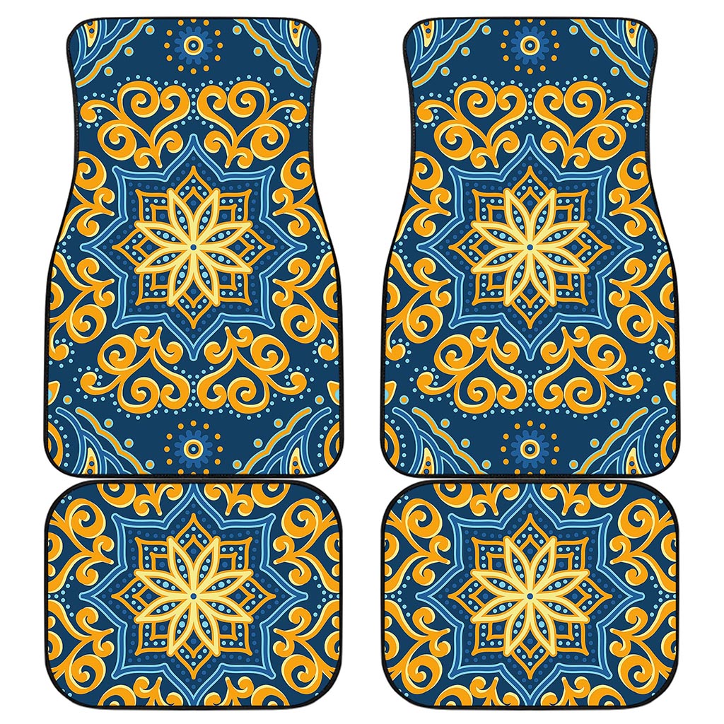 Blue And Gold Bohemian Mandala Print Front and Back Car Floor Mats