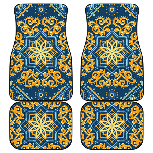 Blue And Gold Bohemian Mandala Print Front and Back Car Floor Mats