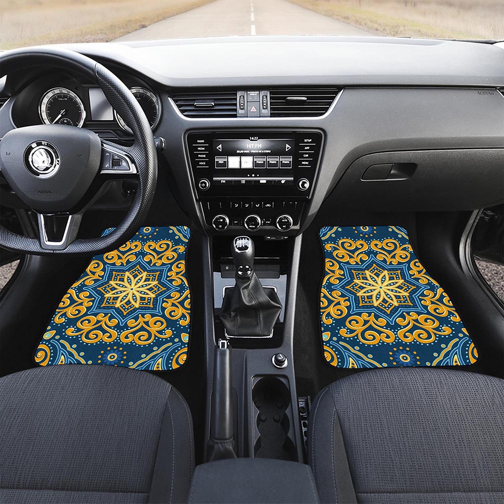Blue And Gold Bohemian Mandala Print Front and Back Car Floor Mats