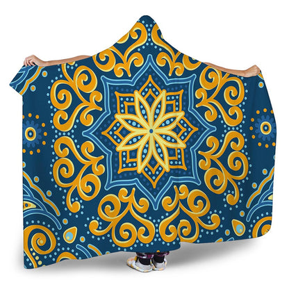 Blue And Gold Bohemian Mandala Print Hooded Blanket