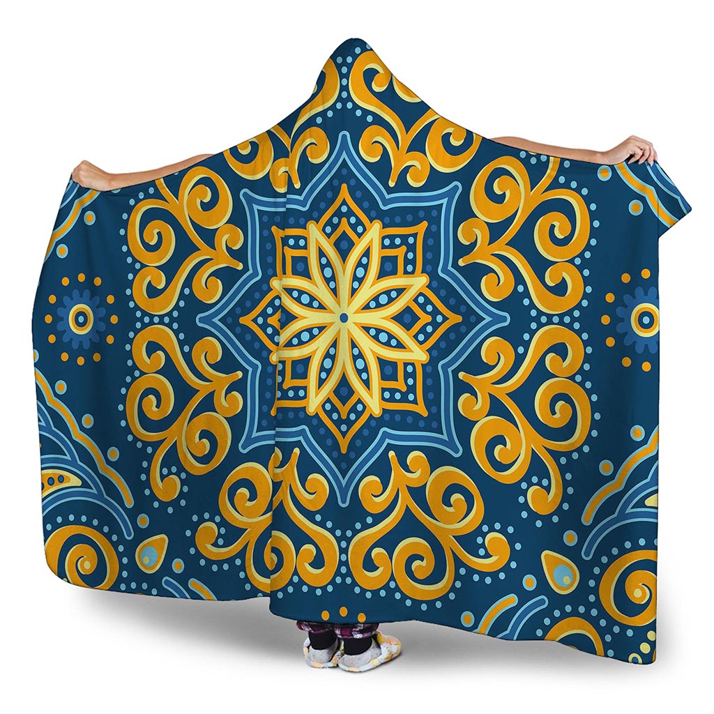 Blue And Gold Bohemian Mandala Print Hooded Blanket