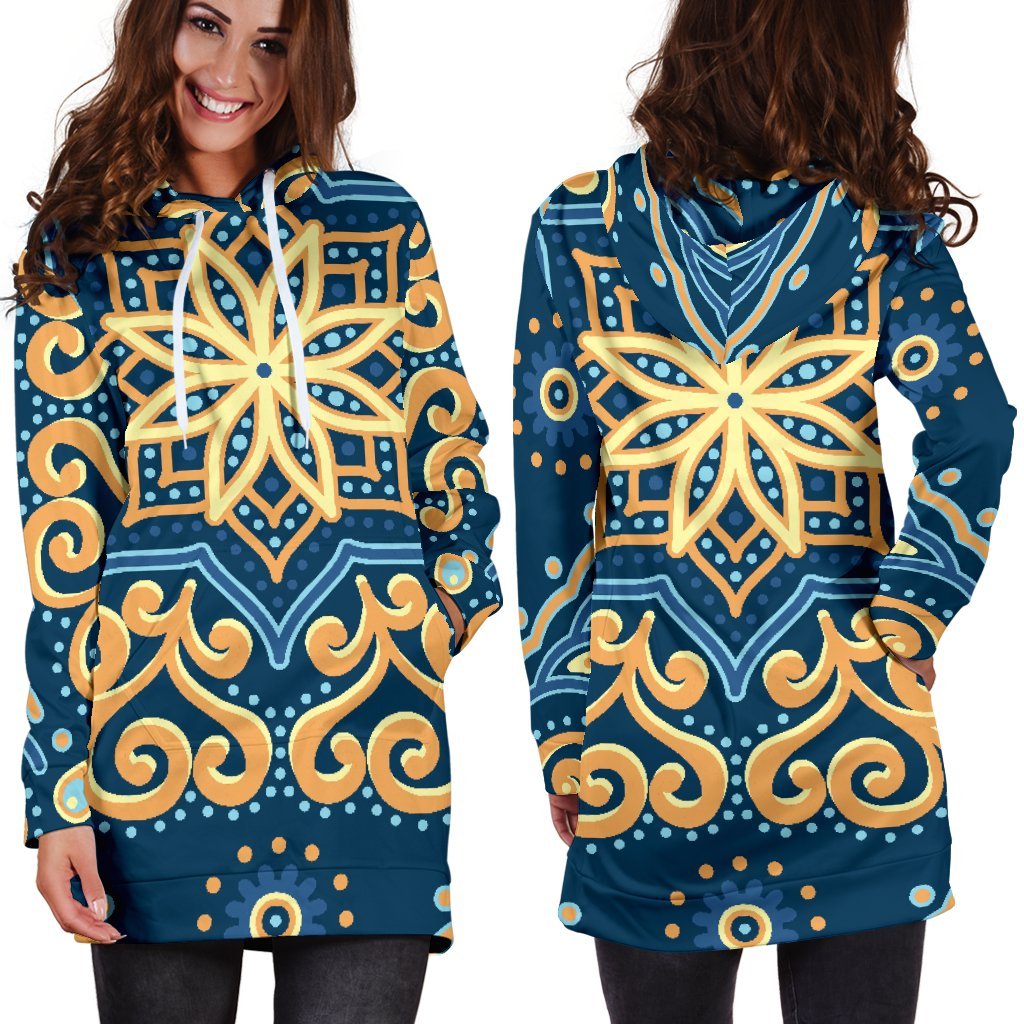 Blue And Gold Bohemian Mandala Print Hoodie Dress GearFrost