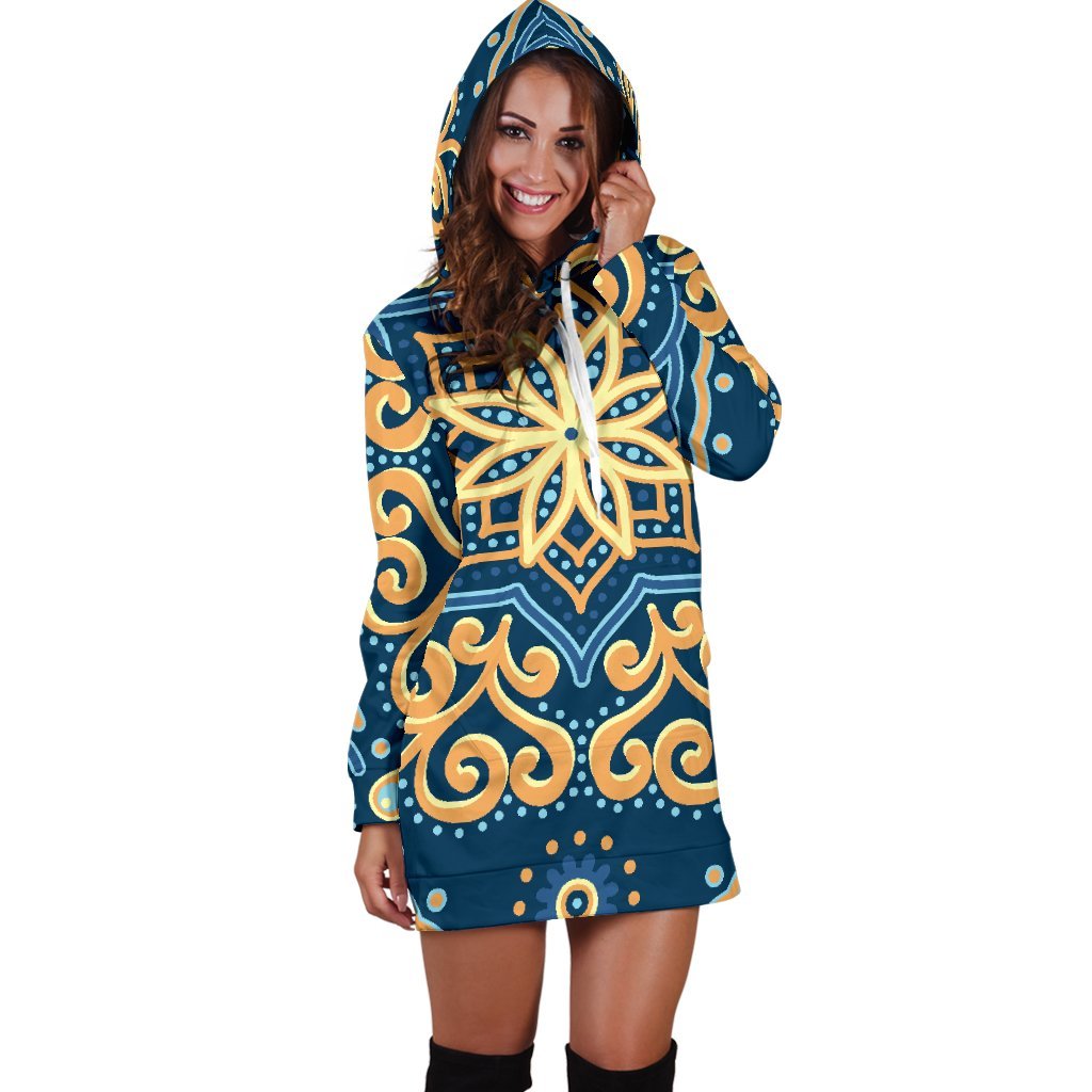 Blue And Gold Bohemian Mandala Print Hoodie Dress GearFrost