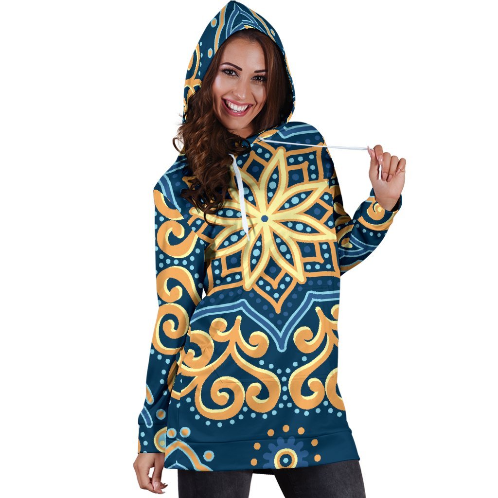 Blue And Gold Bohemian Mandala Print Hoodie Dress GearFrost