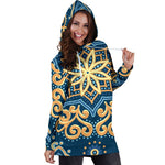 Blue And Gold Bohemian Mandala Print Hoodie Dress GearFrost