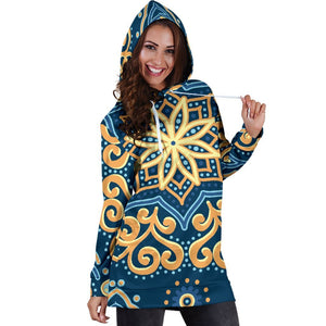 Blue And Gold Bohemian Mandala Print Hoodie Dress GearFrost