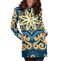 Blue And Gold Bohemian Mandala Print Pullover Hoodie Dress